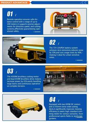 Mesin pemotong rumput crawler cerdas yang dikendalikan dari jarak jauh, dengan baterai lithium iron phosphate (LiFePO₄), penggerak empat roda, hemat energi dan ramah lingkungan, serta pengoperasian berkelanjutan selama 3 jam.